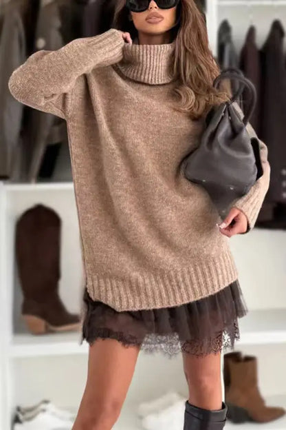 2-Piece Knitted Sweater Dress Set Turtleneck Lace Drop Shoulder Mini Skirt